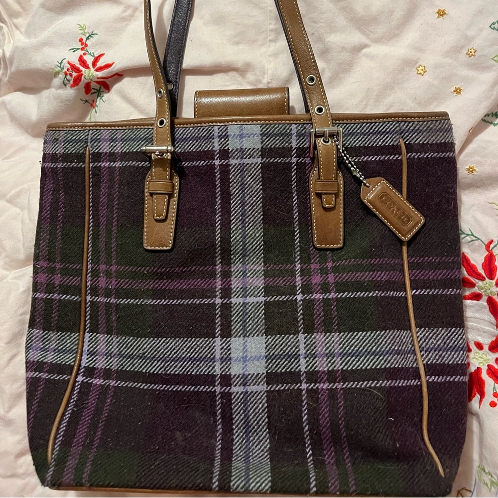 COACH Plum Plaid Tweed Wool Satchel Leather Trim 8322